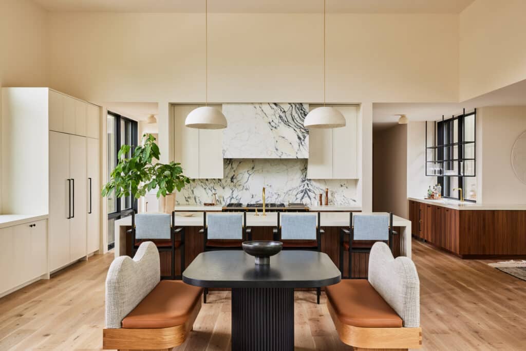 Organic Modern Kitchen Great Room Walnut Cabinets