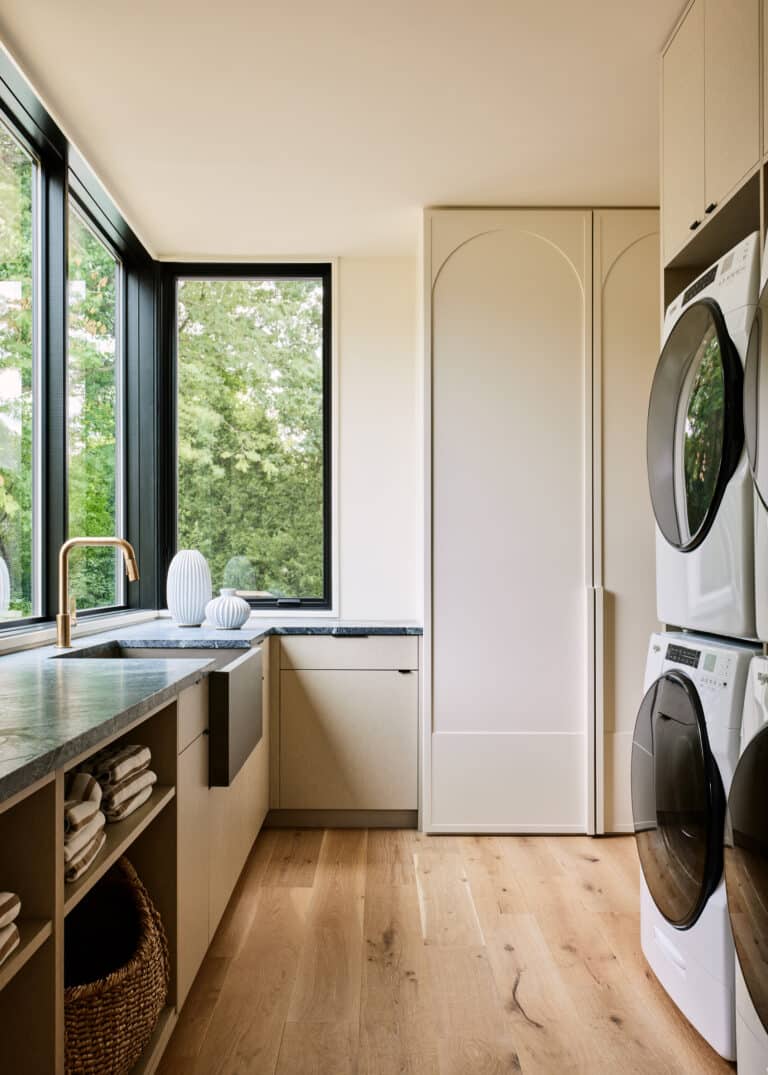 Organic Modern Laundry Room Arch Beige Cabinets