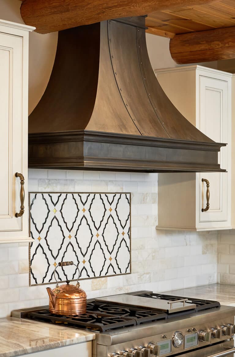 Log Cabin Kitchen White Cabinets Metal Range Hood